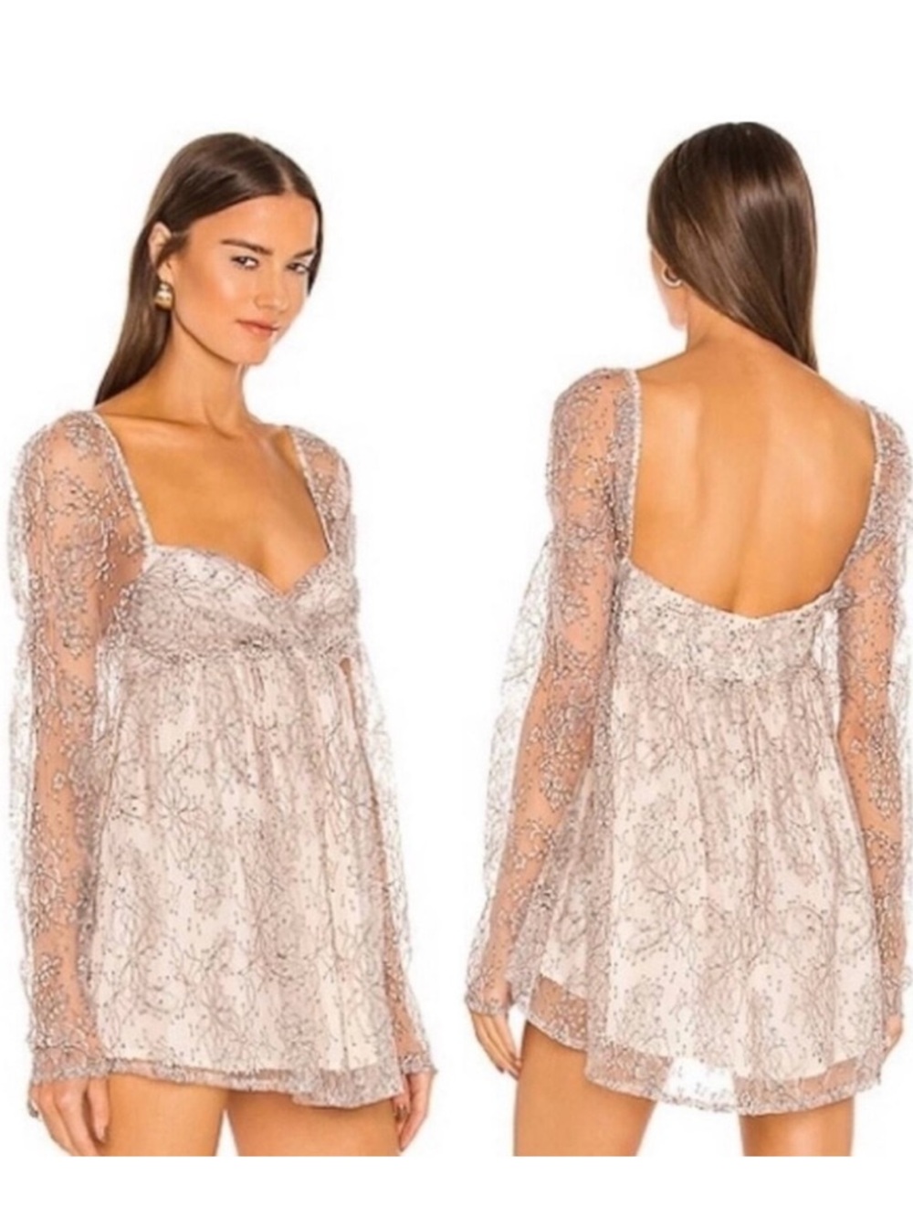 Free People Heavenly Lace Tunic Sheer Long Sleeves Champagne Toast Lined SZ M
